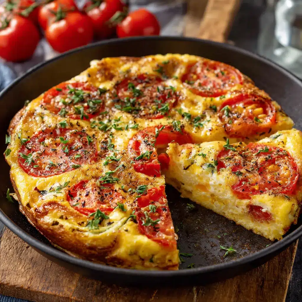 Gâteau d’omelette aux tomates doré et moelleux, servi dans un plat en céramique
