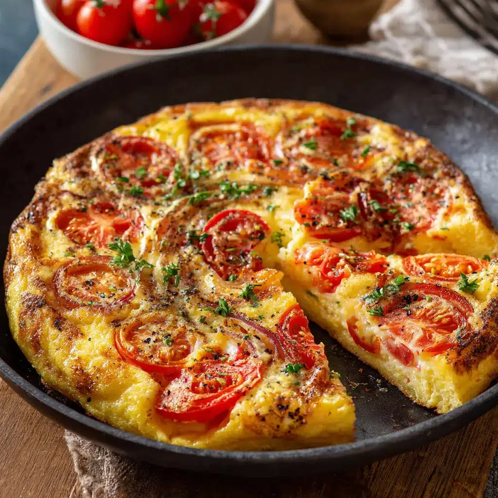 Gâteau d’omelette aux tomates doré et moelleux, servi dans un plat en céramique