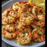 Crevettes rôties à l’ail et au parmesan servies dans un plat en céramique avec persil frais