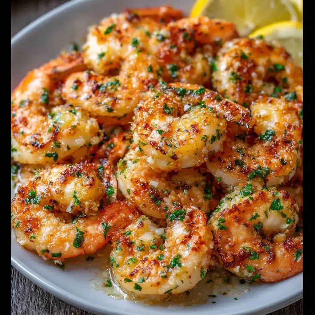 Crevettes rôties à l’ail et au parmesan servies dans un plat en céramique avec persil frais