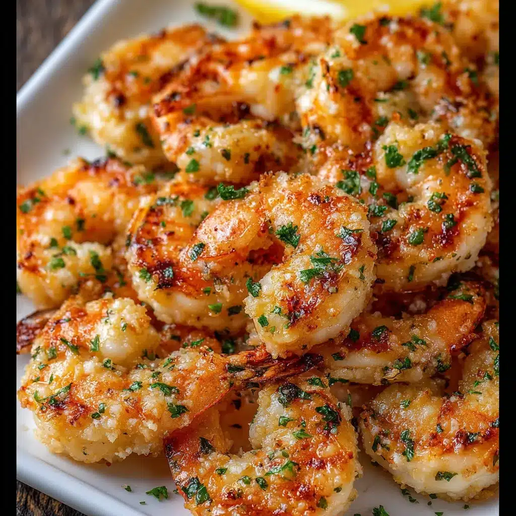 Crevettes rôties à l’ail et au parmesan servies dans un plat en céramique avec persil frais