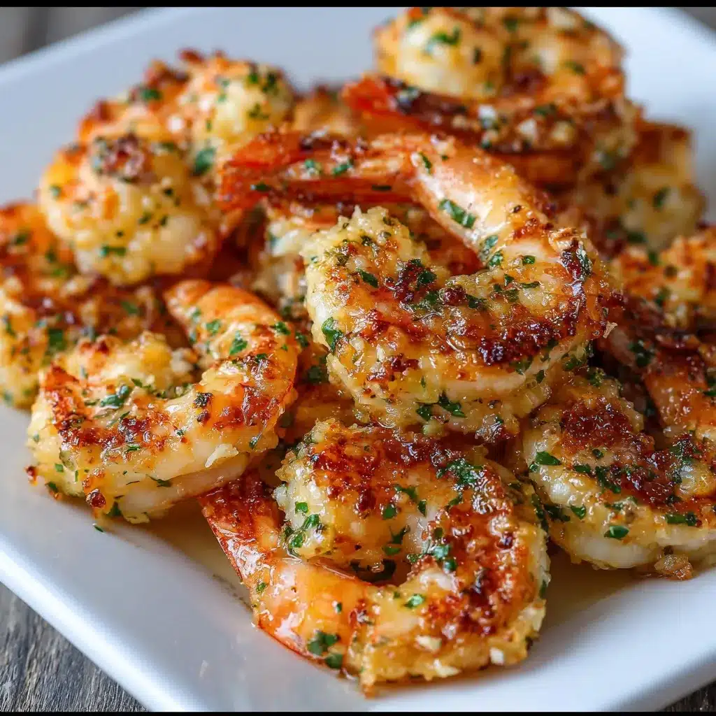 Crevettes rôties à l’ail et au parmesan servies dans un plat en céramique avec persil frais
