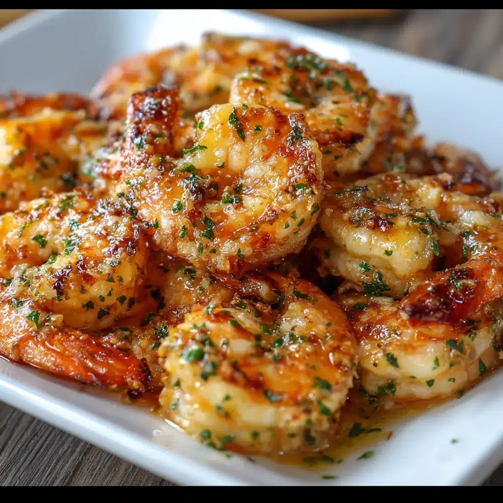 Crevettes rôties à l’ail et au parmesan servies dans un plat en céramique avec persil frais