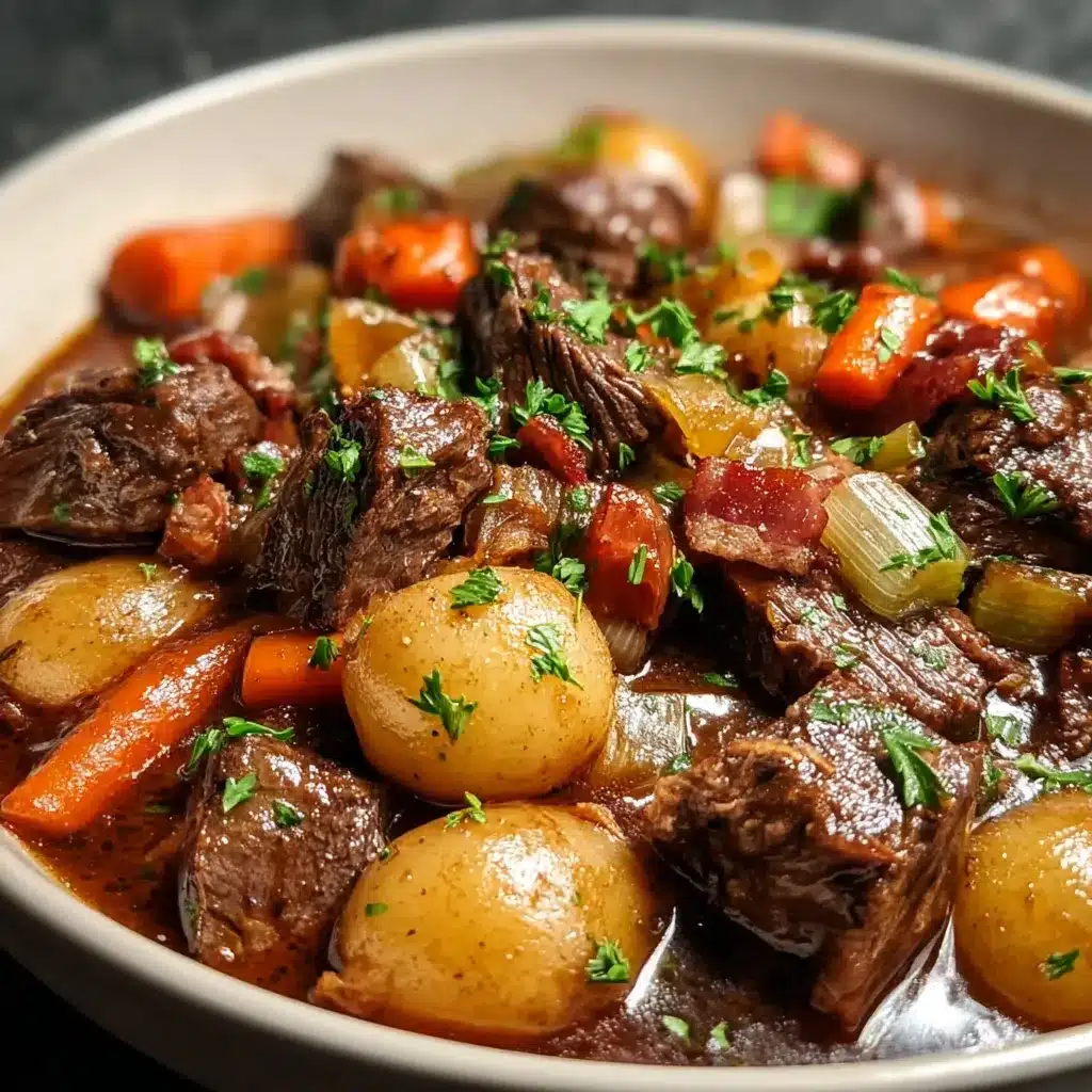 Bœuf bourguignon traditionnel dans une cocotte, avec légumes fondants et sauce au vin