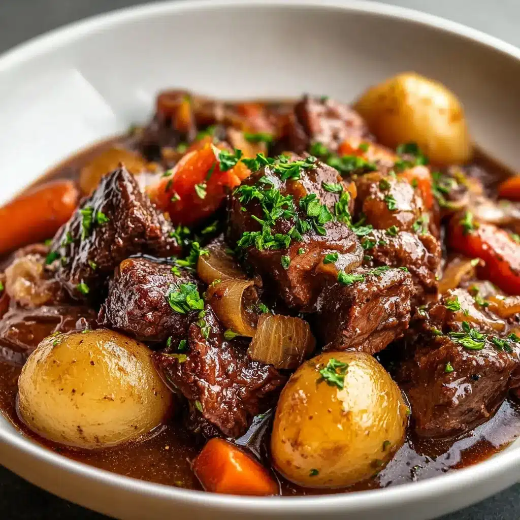 Bœuf bourguignon traditionnel dans une cocotte, avec légumes fondants et sauce au vin