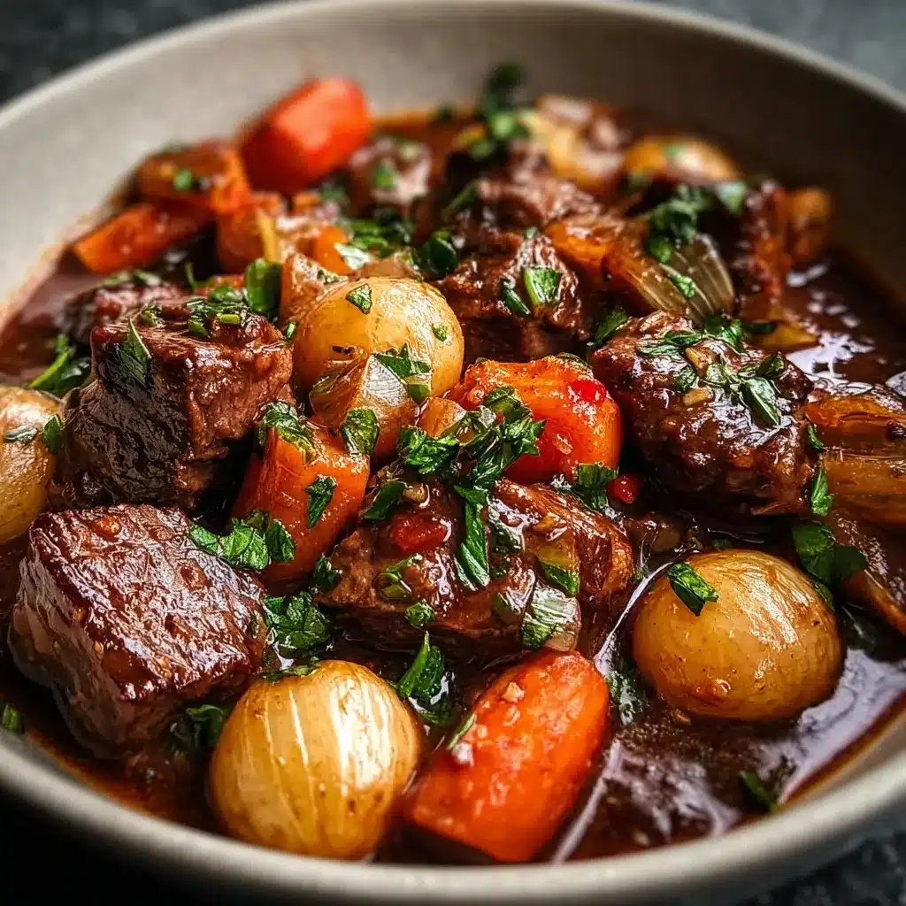 Bœuf bourguignon traditionnel dans une cocotte, avec légumes fondants et sauce au vin