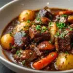 Bœuf bourguignon traditionnel dans une cocotte, avec légumes fondants et sauce au vin