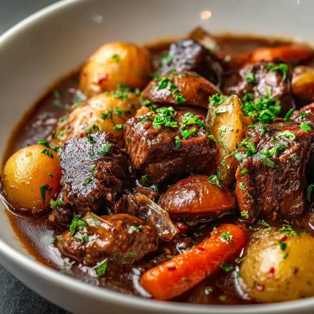 Bœuf bourguignon traditionnel dans une cocotte, avec légumes fondants et sauce au vin