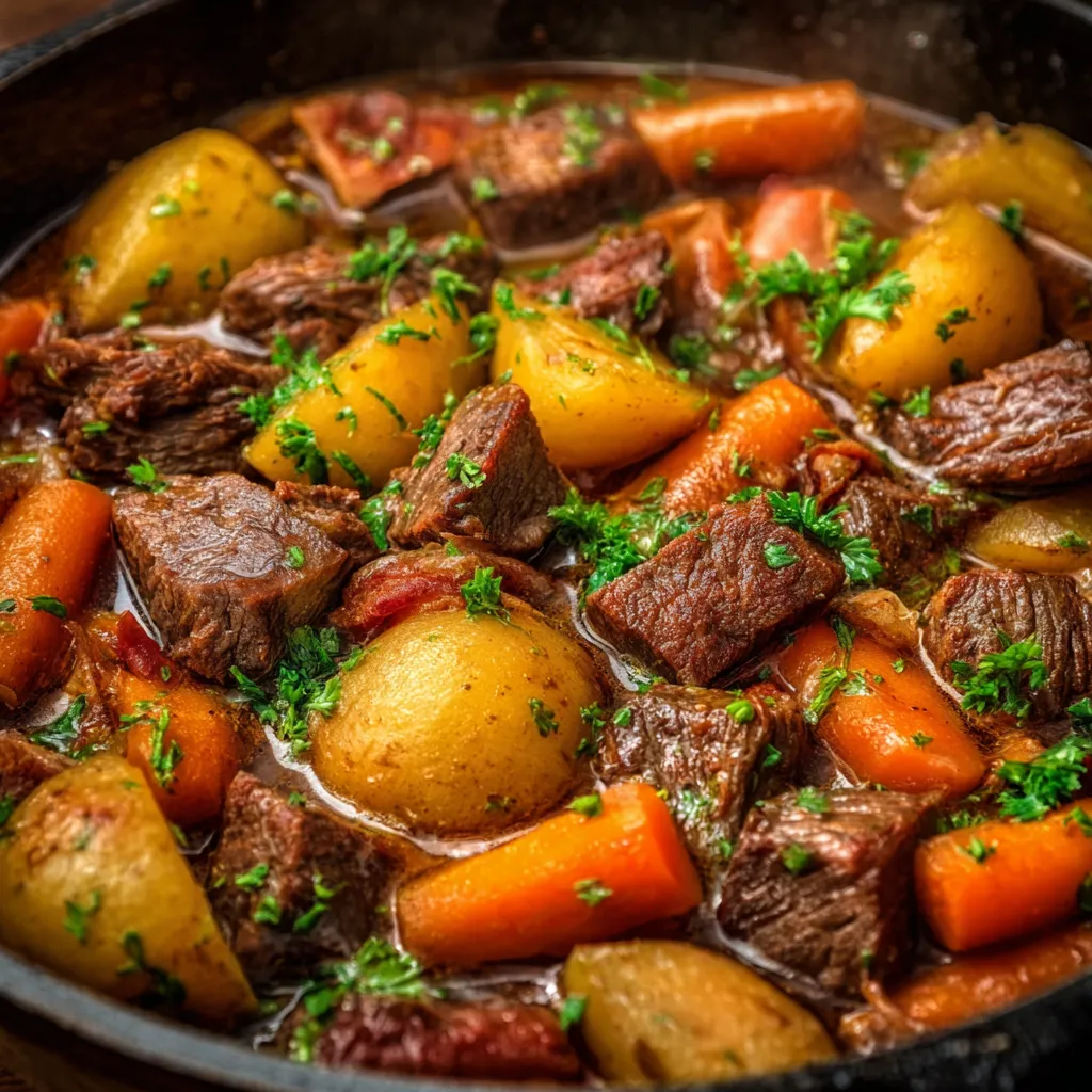 Bœuf mode comme autrefois dans une cocotte, servi avec des pommes de terre et des carottes fondantes