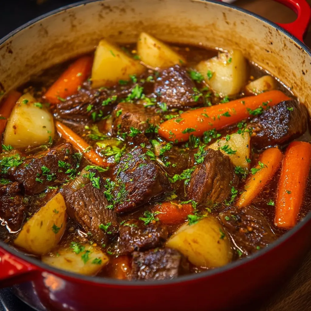 Bœuf mode comme autrefois dans une cocotte, servi avec des pommes de terre et des carottes fondantes