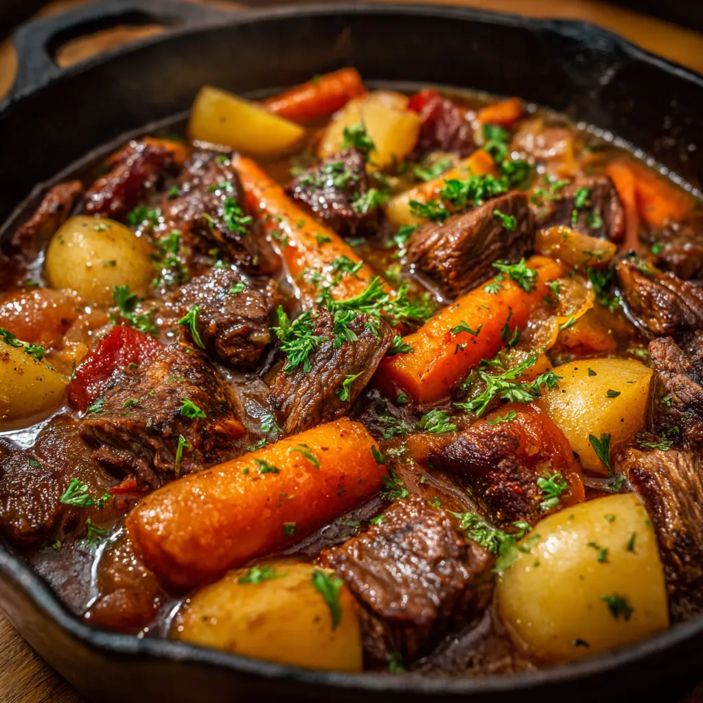 Bœuf mode comme autrefois dans une cocotte, servi avec des pommes de terre et des carottes fondantes