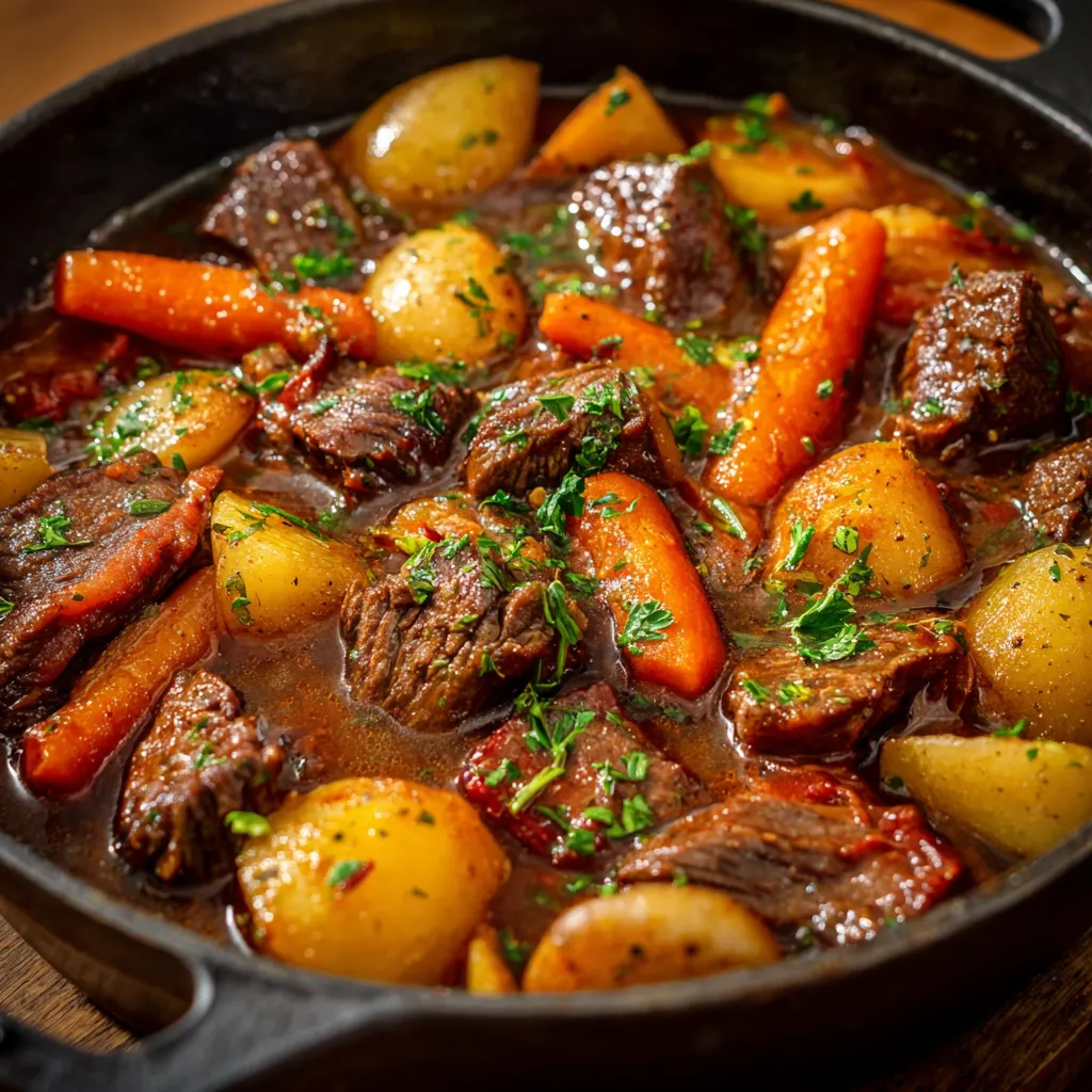 Bœuf mode comme autrefois dans une cocotte, servi avec des pommes de terre et des carottes fondantes