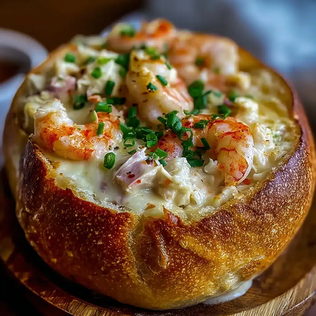 Bol de pain farci aux fruits de mer gratiné au fromage, prêt à servir