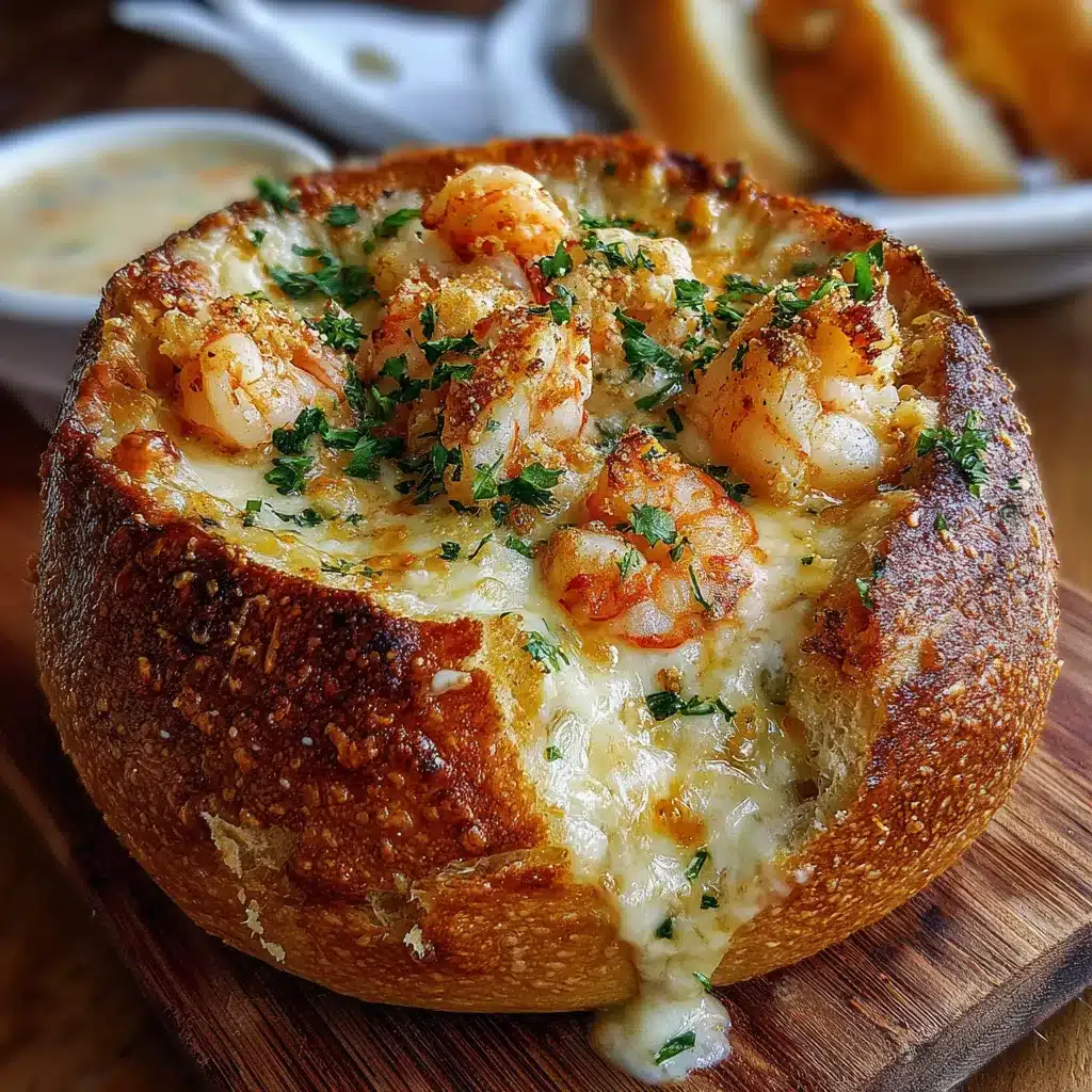 Bol de pain farci aux fruits de mer gratiné au fromage, prêt à servir