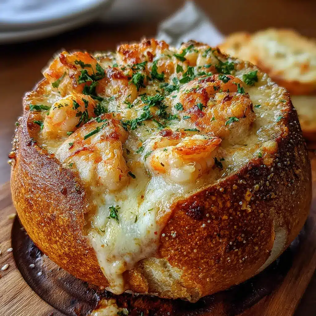 Bol de pain farci aux fruits de mer gratiné au fromage, prêt à servir