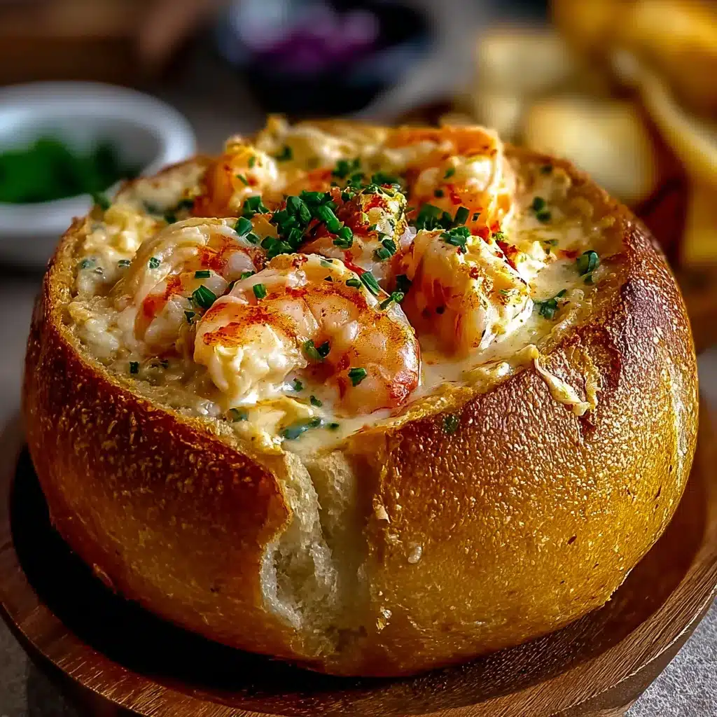 Bol de pain farci aux fruits de mer gratiné au fromage, prêt à servir
