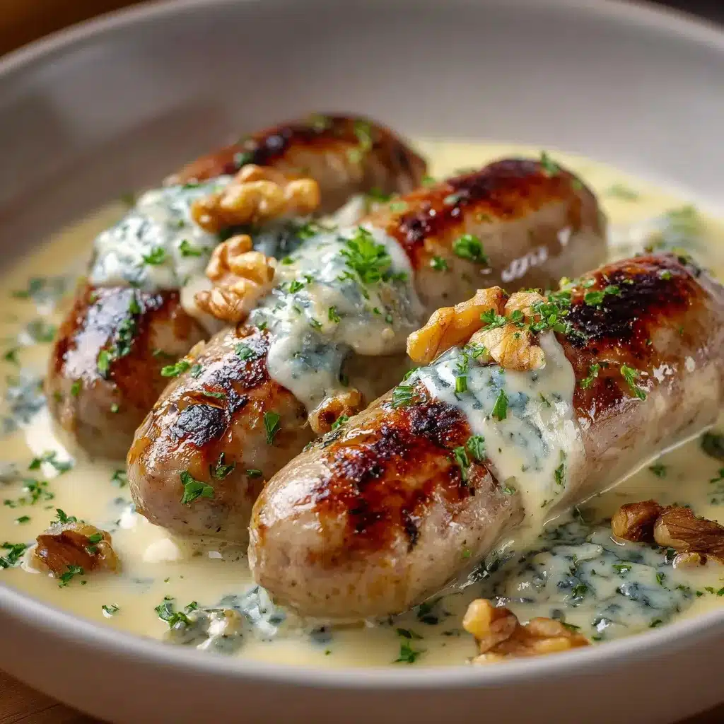 Assiette de boudin blanc nappé de sauce au roquefort avec éclats de noix
