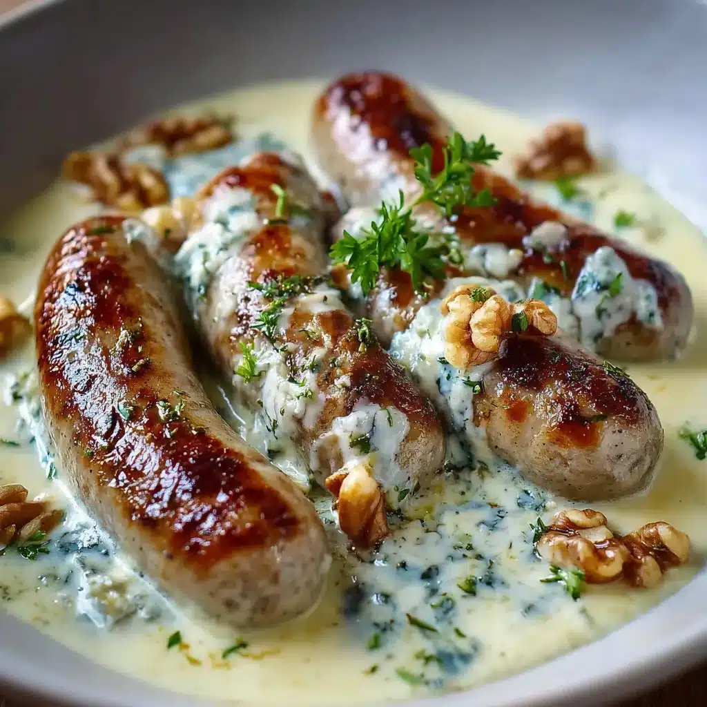 Assiette de boudin blanc nappé de sauce au roquefort avec éclats de noix