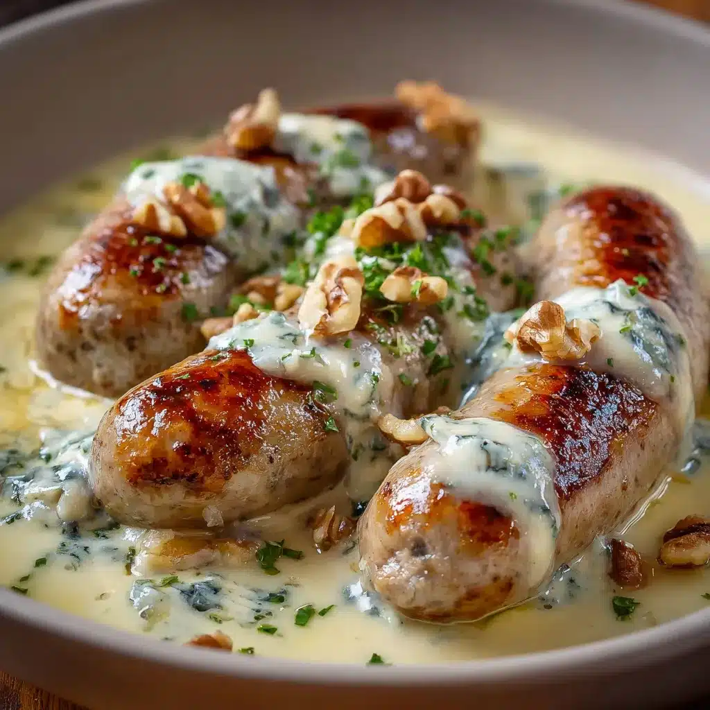 Assiette de boudin blanc nappé de sauce au roquefort avec éclats de noix