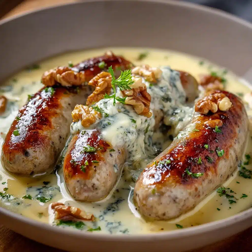 Assiette de boudin blanc nappé de sauce au roquefort avec éclats de noix