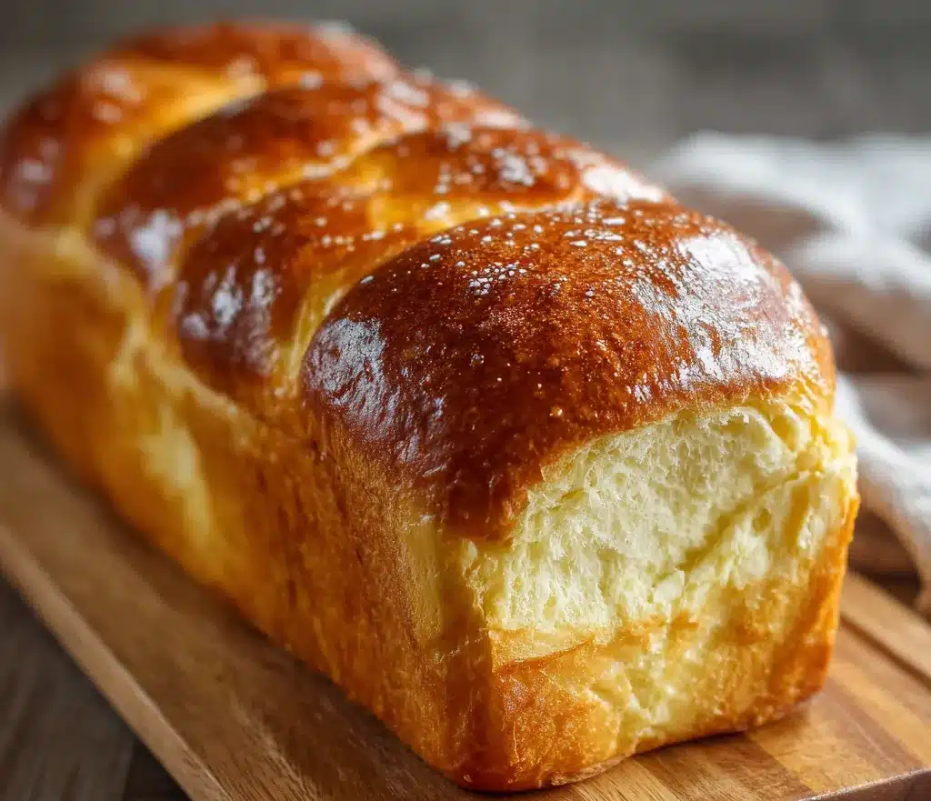 Brioche maison ultra moelleuse dorée sortie du four, posée sur une grille