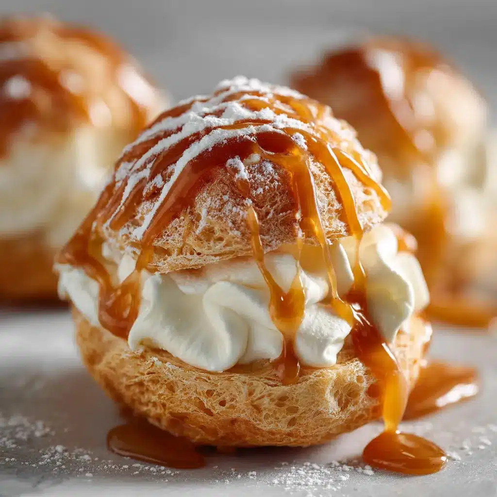 Choux à la crème au caramel faits maison, garnis de crème onctueuse