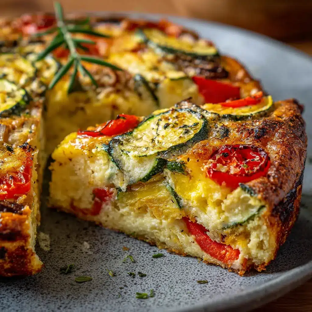 Clafoutis salé aux légumes d’été dans un plat à gratin, doré et croustillant avec des morceaux de courgettes, poivrons et aubergines.
