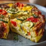 Clafoutis salé aux légumes d’été dans un plat à gratin, doré et croustillant avec des morceaux de courgettes, poivrons et aubergines.