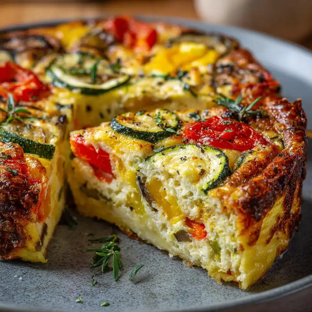 Clafoutis salé aux légumes d’été dans un plat à gratin, doré et croustillant avec des morceaux de courgettes, poivrons et aubergines.