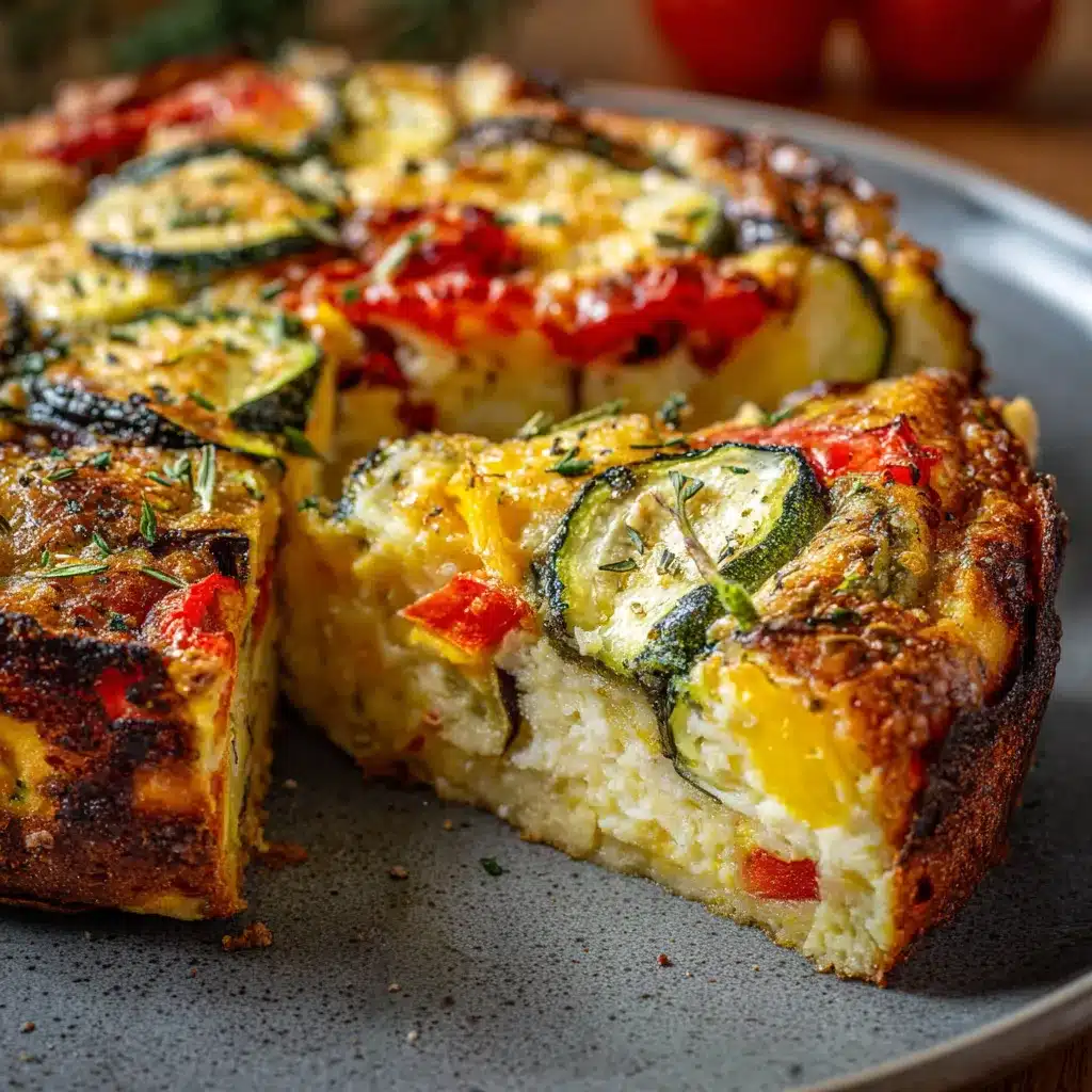 Clafoutis salé aux légumes d’été dans un plat à gratin, doré et croustillant avec des morceaux de courgettes, poivrons et aubergines.