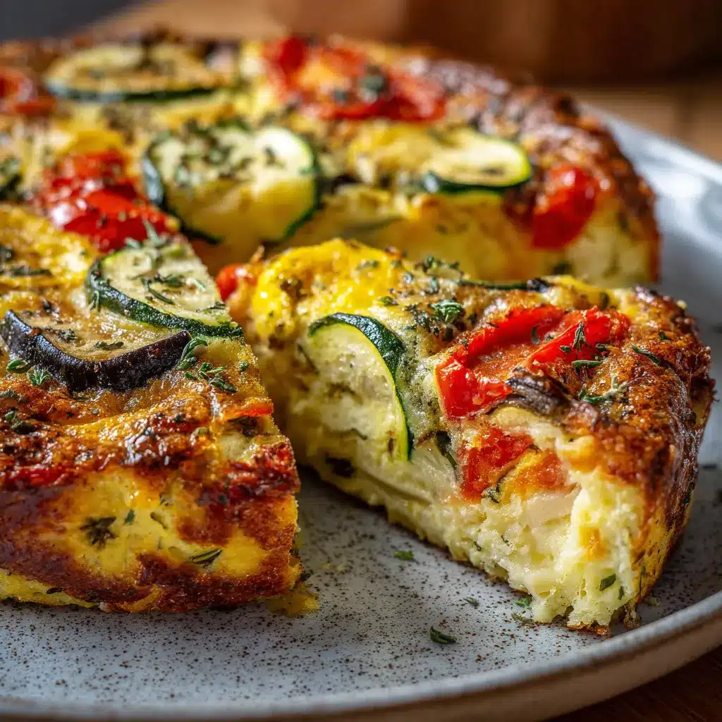 Clafoutis salé aux légumes d’été dans un plat à gratin, doré et croustillant avec des morceaux de courgettes, poivrons et aubergines.