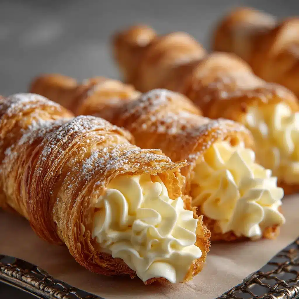 Cornet de pâte feuilletée doré garni de crème pâtissière à la vanille, présenté sur une assiette