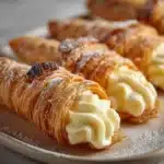 Cornet de pâte feuilletée doré garni de crème pâtissière à la vanille, présenté sur une assiette