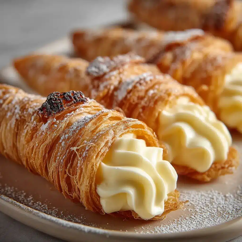 Cornet de pâte feuilletée doré garni de crème pâtissière à la vanille, présenté sur une assiette