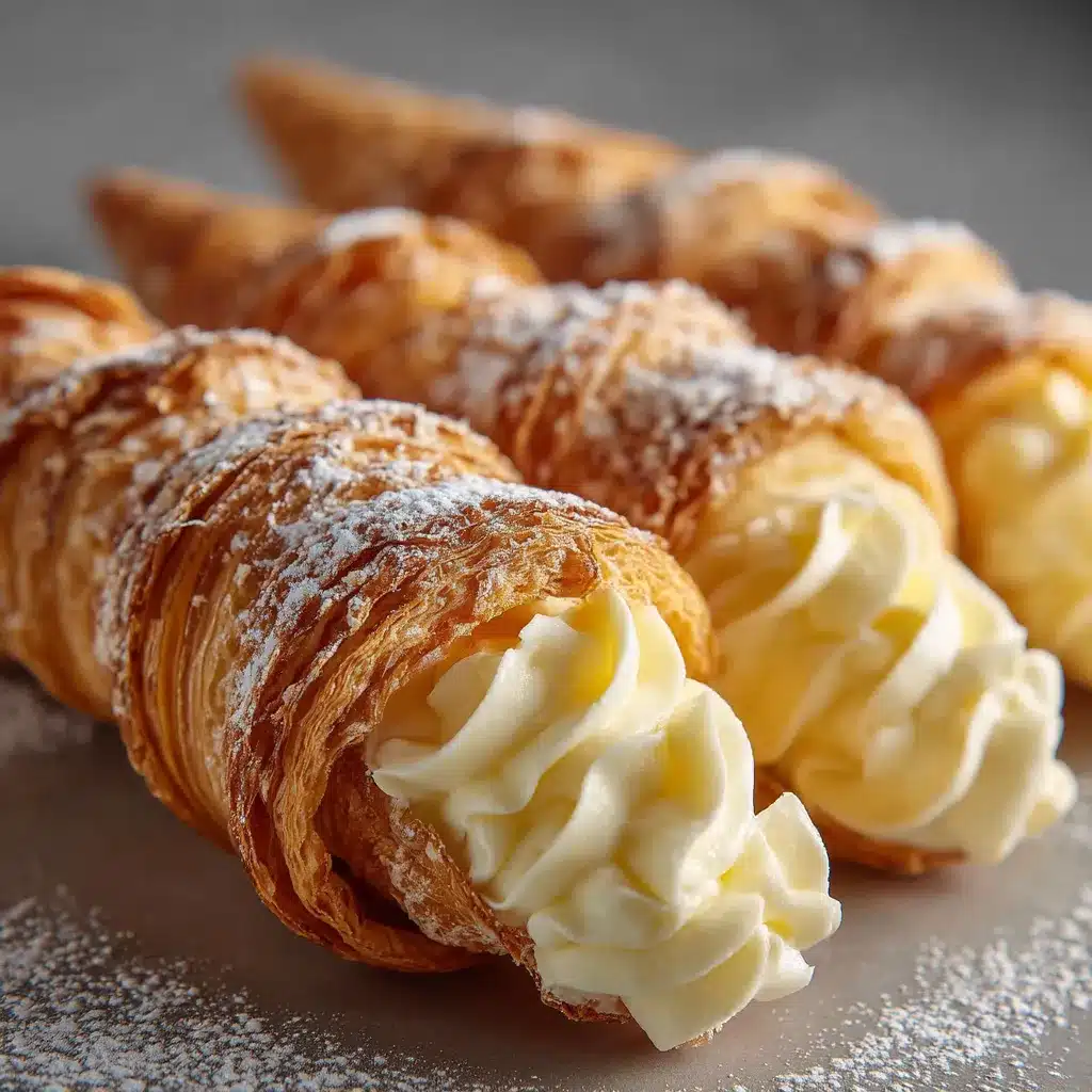 Cornet de pâte feuilletée doré garni de crème pâtissière à la vanille, présenté sur une assiette