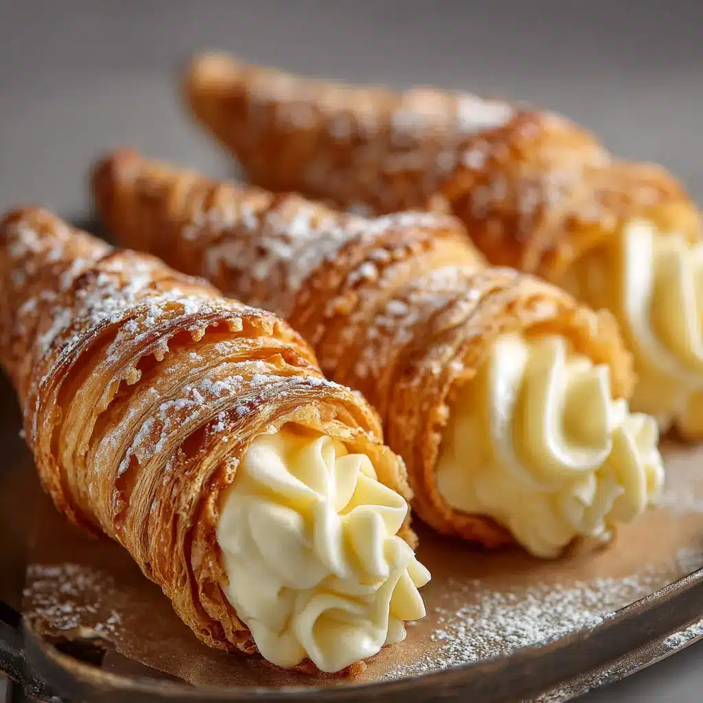 Cornet de pâte feuilletée doré garni de crème pâtissière à la vanille, présenté sur une assiette