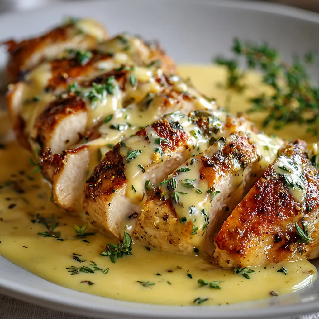 Assiette d’émincé de poulet nappée d’une sauce crème et moutarde, servie avec du riz blanc