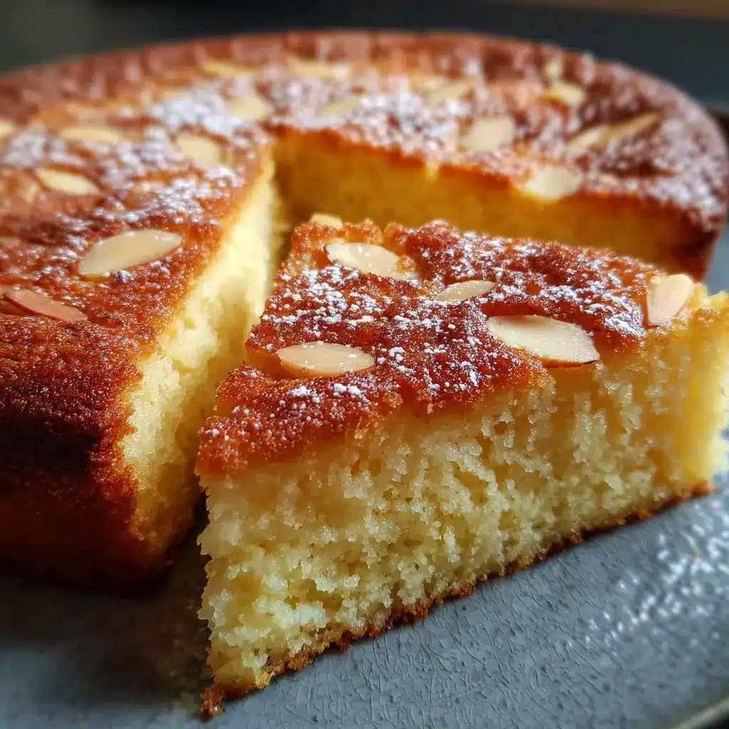 Gâteau fondant aux amandes maison présenté sur une assiette blanche