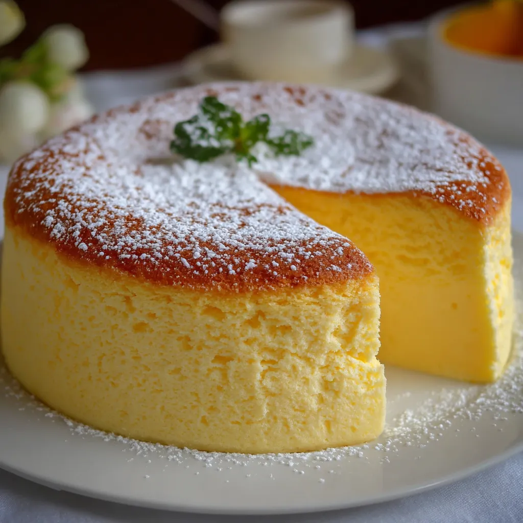 Gâteau japonais au citron très léger posé sur une assiette blanche, texture aérienne et moelleuse bien visible.