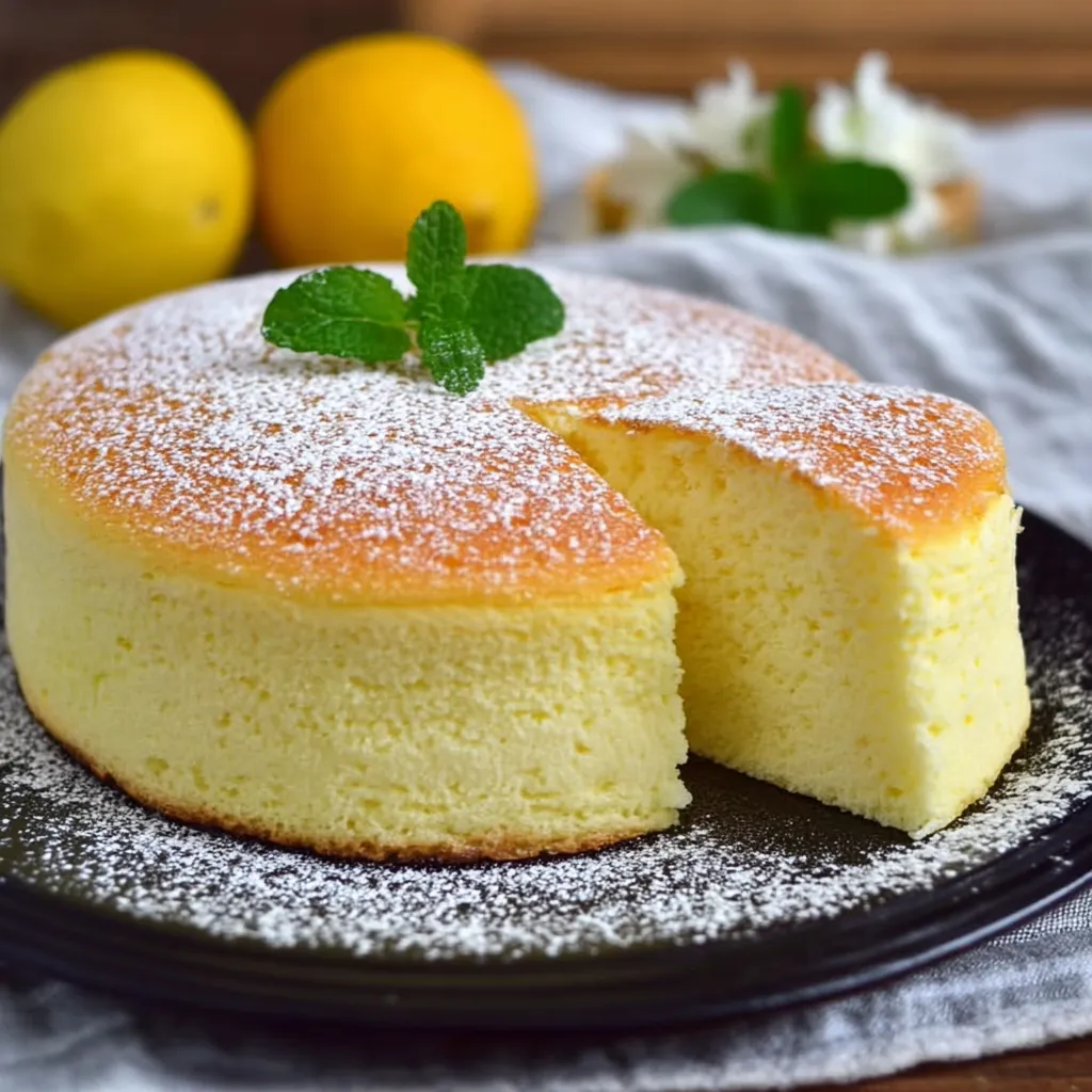 Gâteau japonais au citron très léger posé sur une assiette blanche, texture aérienne et moelleuse bien visible.