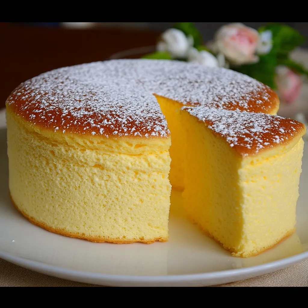 Gâteau japonais au citron très léger posé sur une assiette blanche, texture aérienne et moelleuse bien visible.