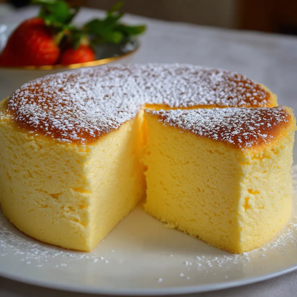 Gâteau japonais au citron très léger posé sur une assiette blanche, texture aérienne et moelleuse bien visible.