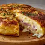 Gâteau de pommes de terre farci au fromage doré au four dans un plat à gratin