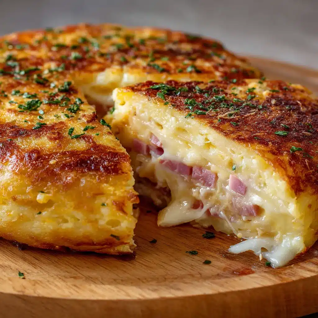Gâteau de pommes de terre farci au fromage doré au four dans un plat à gratin
