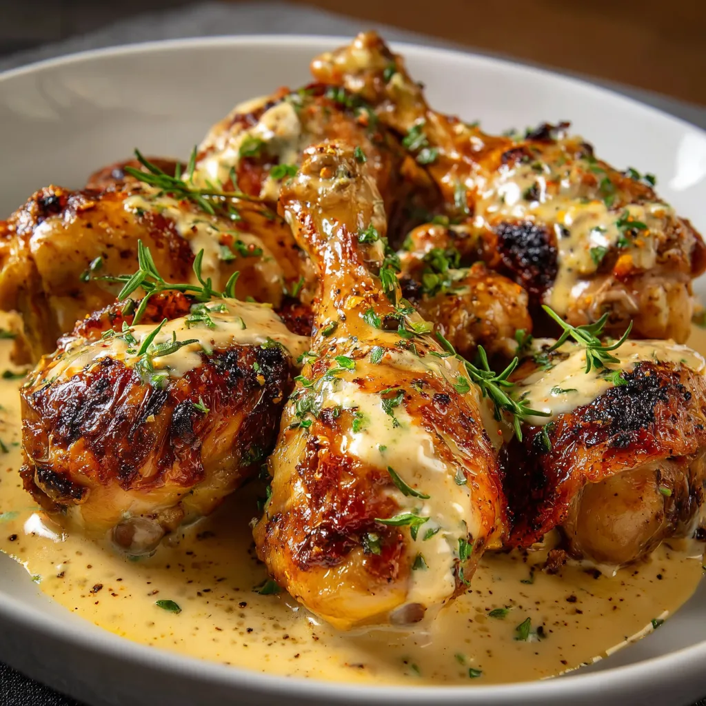 Pilons de poulet mijotés à la crème, moutarde et miel dans une poêle