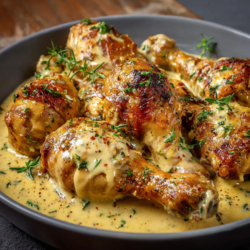 Pilons de poulet mijotés à la crème, moutarde et miel dans une poêle