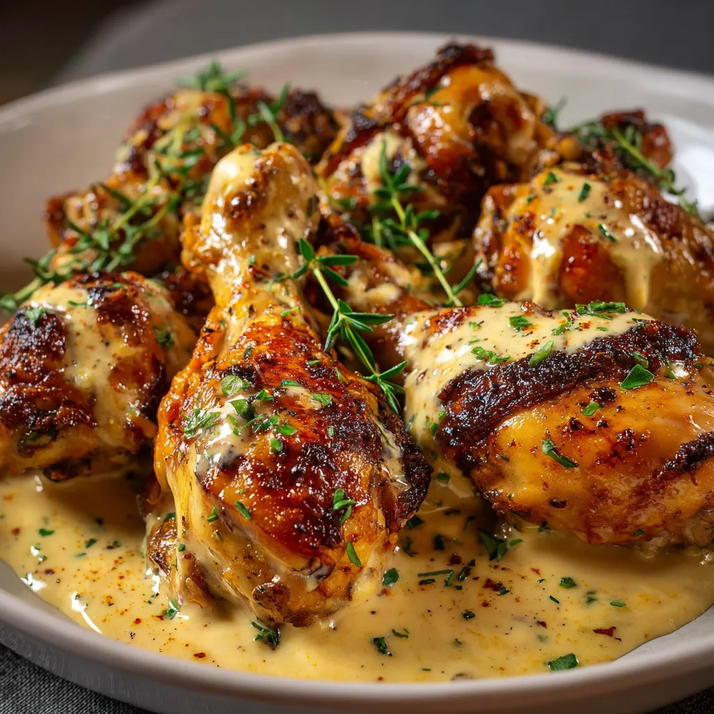 Pilons de poulet mijotés à la crème, moutarde et miel dans une poêle