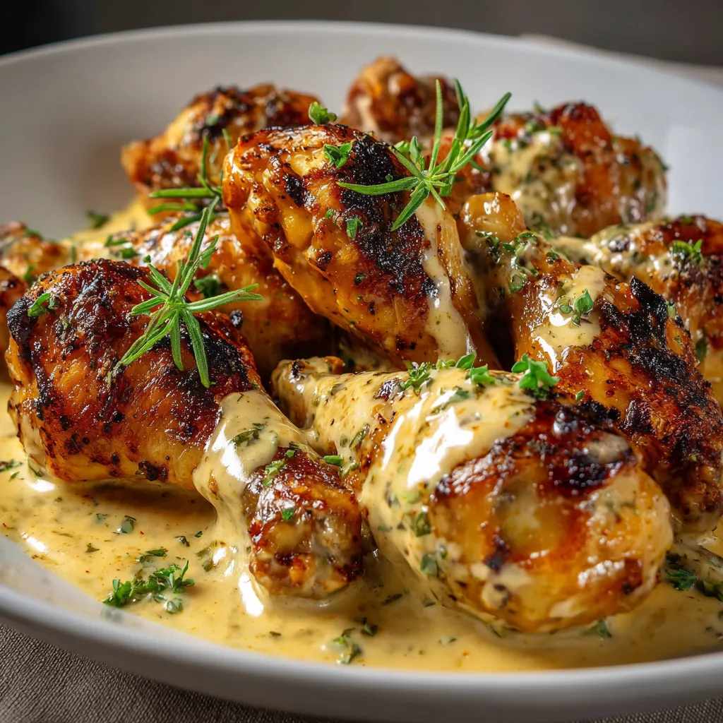 Pilons de poulet mijotés à la crème, moutarde et miel dans une poêle