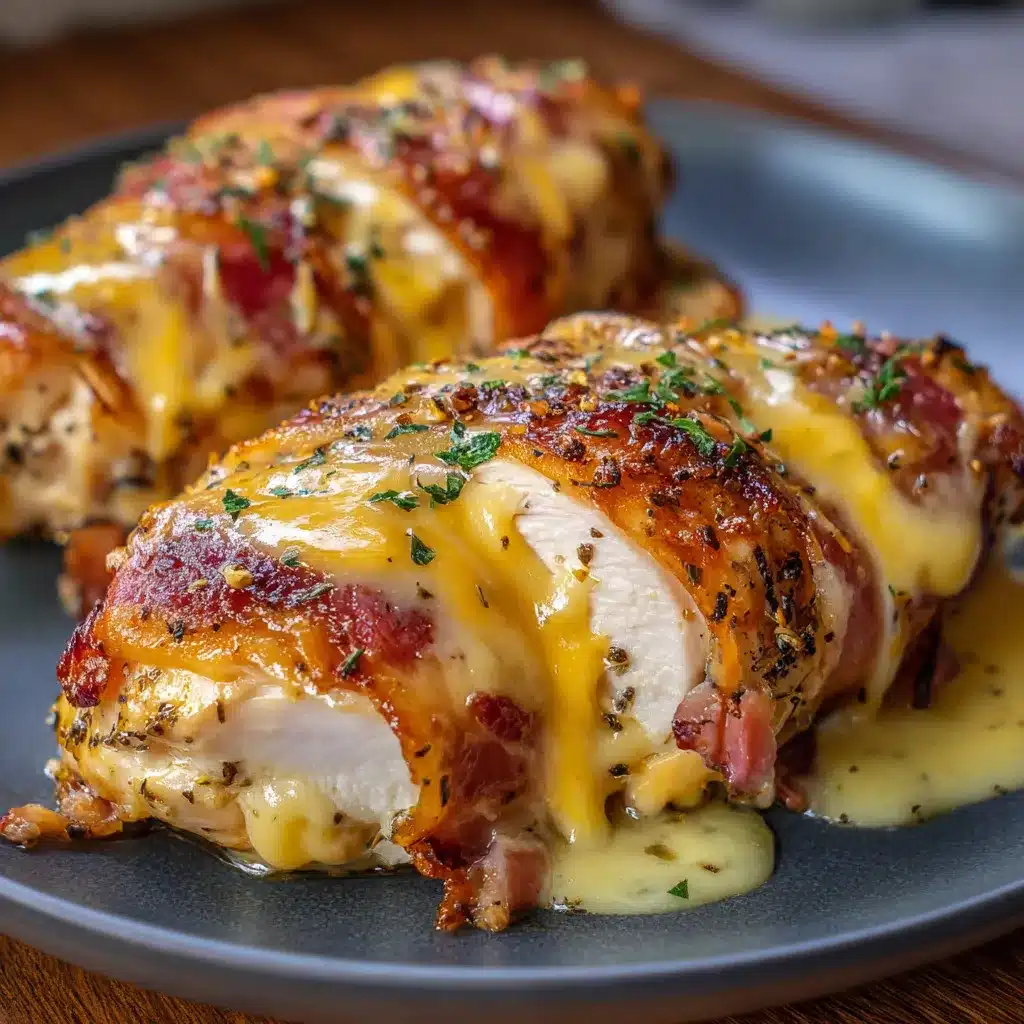 Roulés de poulet farcis au cheddar et enveloppés de dinde fumée, cuits au four.