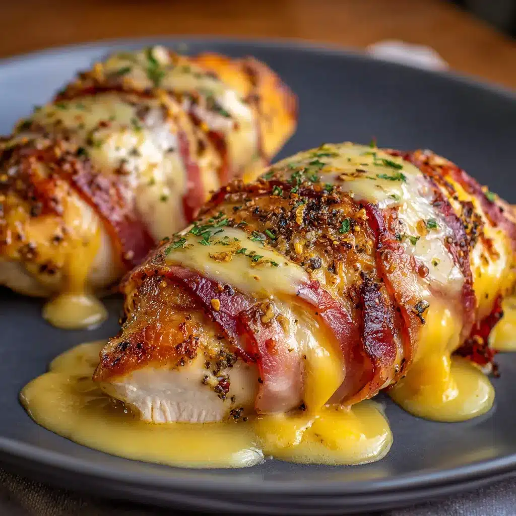 Roulés de poulet farcis au cheddar et enveloppés de dinde fumée, cuits au four.